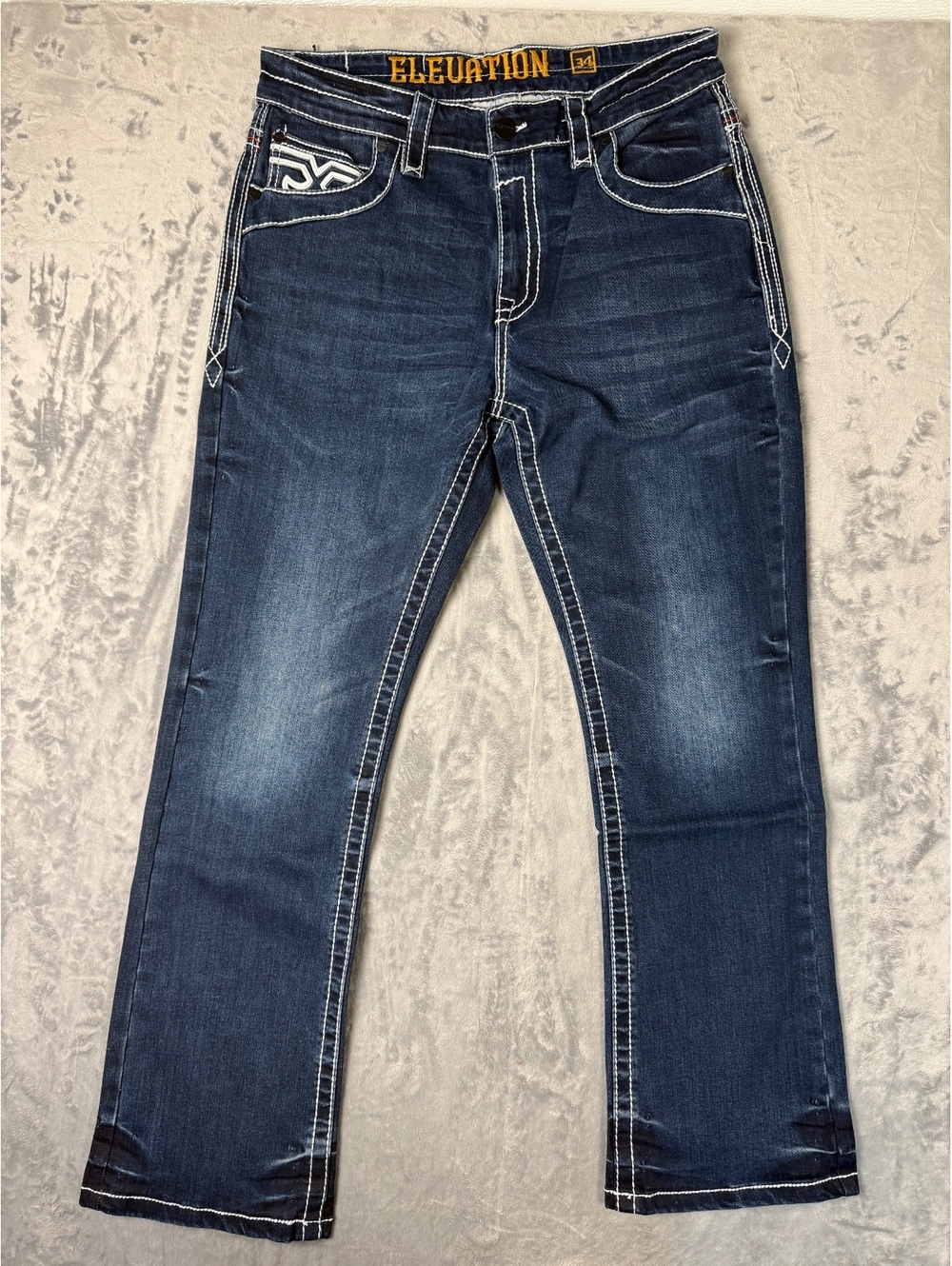 Elevation Sportswear Mens Jeans 34 NWT Blue Dark Wash Thick Stitch Bootcut MAU-9